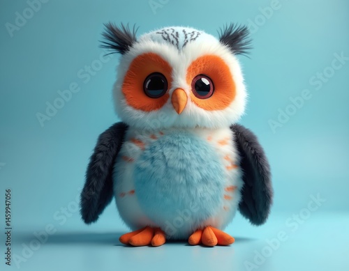 Cute plush owl toy with red-and-white stripes black wings orange beak. Fluffy toy stands on light-blue surface, sky-blue background. Perfect for children products, education, decor or design projects.