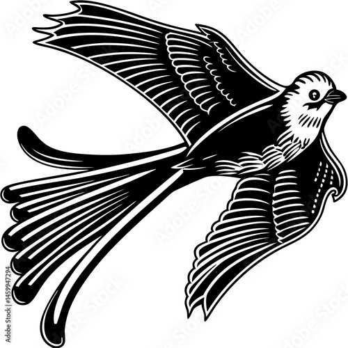 Comical Scissor-tailed Flycatcher in flight with exaggerated long tail, captured mid-air in humorous digital artwork.