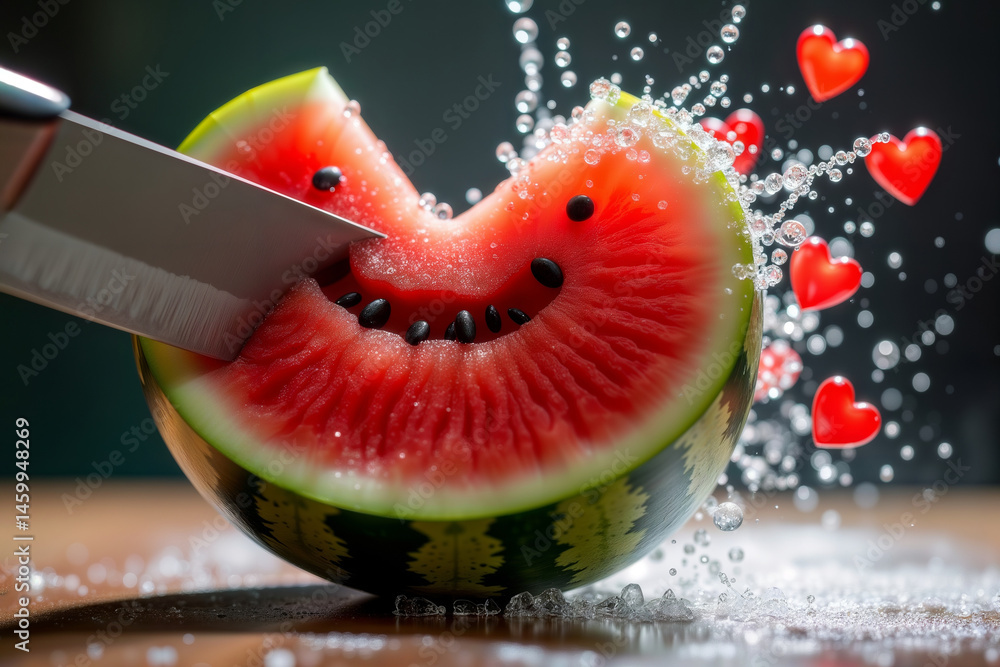 Watermelon slice smile. Close-up of watermelon wedge with knife creating illusion of smiling face while water bubbles and heart shapes splash in background.