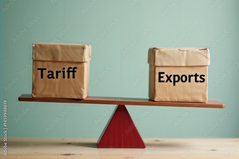 Tariff vs Exports Balance. Conceptual image showing the delicate balance between trade tariffs and exports, represented by boxes on a seesaw. Represents trade war, economic impact.