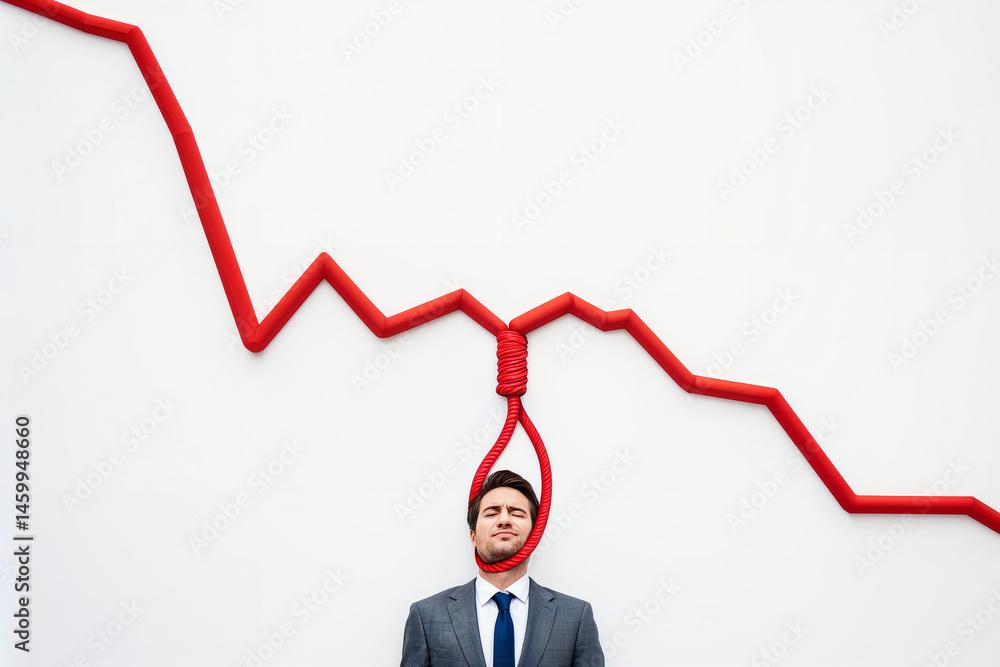 Economic Downturn Risk. Businessman facing crisis due to a falling economic graph shaped like a noose. Symbolizes financial distress, recession, bankruptcy, failure.