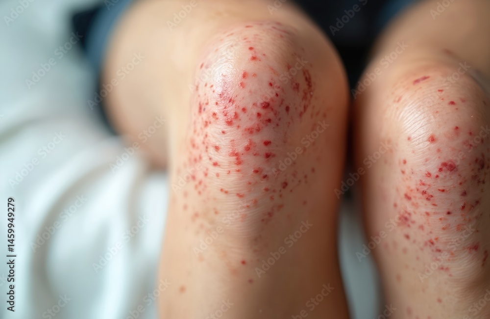Fototapeta premium Close-up of young woman legs with pillar keratosis. Skin condition with red spots. Detail shot of dermatology issue requiring treatment. Health, beauty, medical issue closeup.