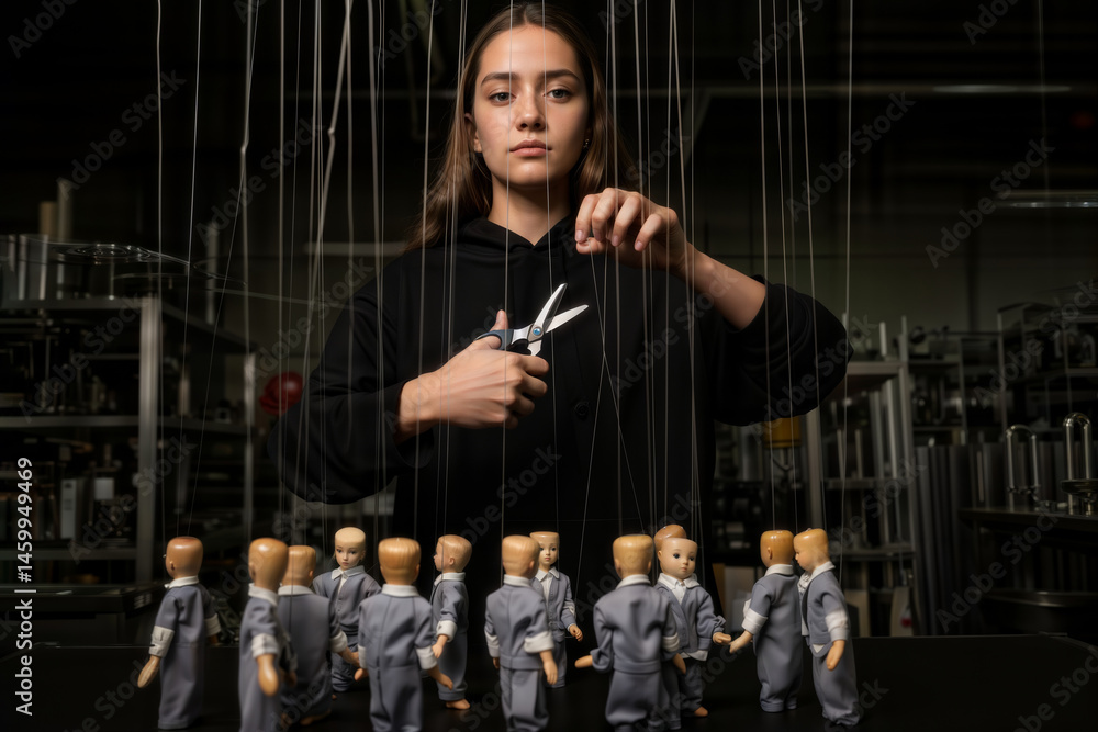 Puppet master control. Young woman cuts strings controlling marionette puppets below, symbolizing freedom or ending manipulation.