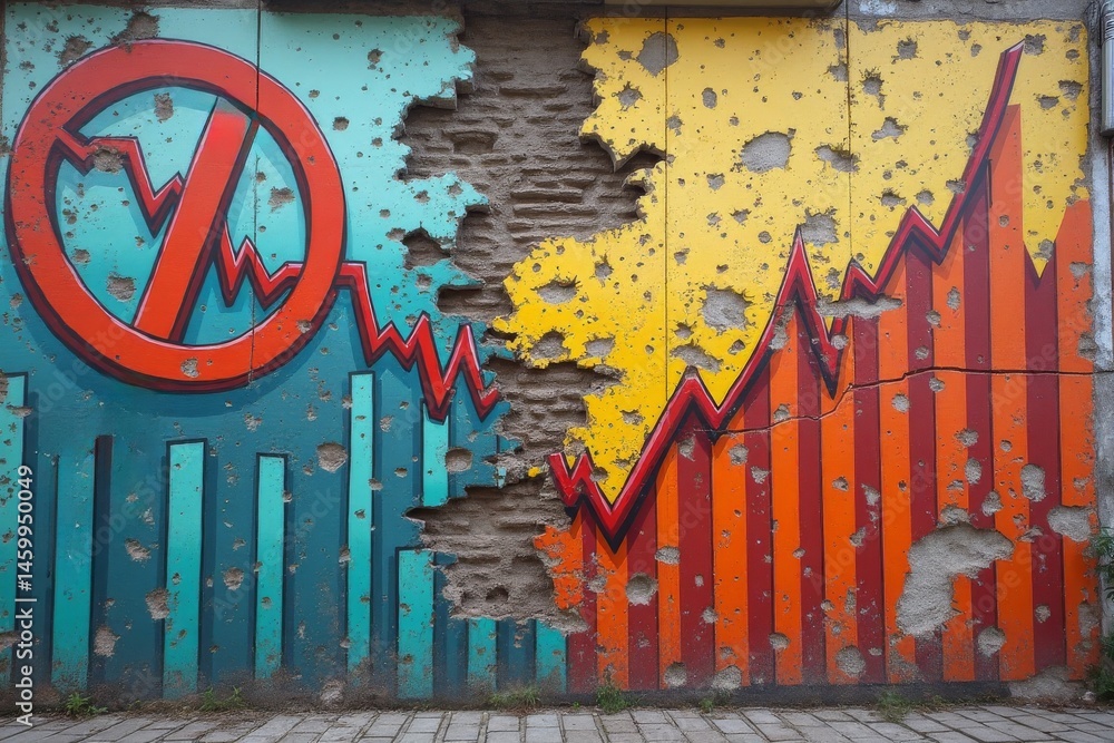 Market volatility street art. Colorful wall mural depicting contrasting market trends with downward graph in blue and upward trend in orange, showing financial volatility through urban art.