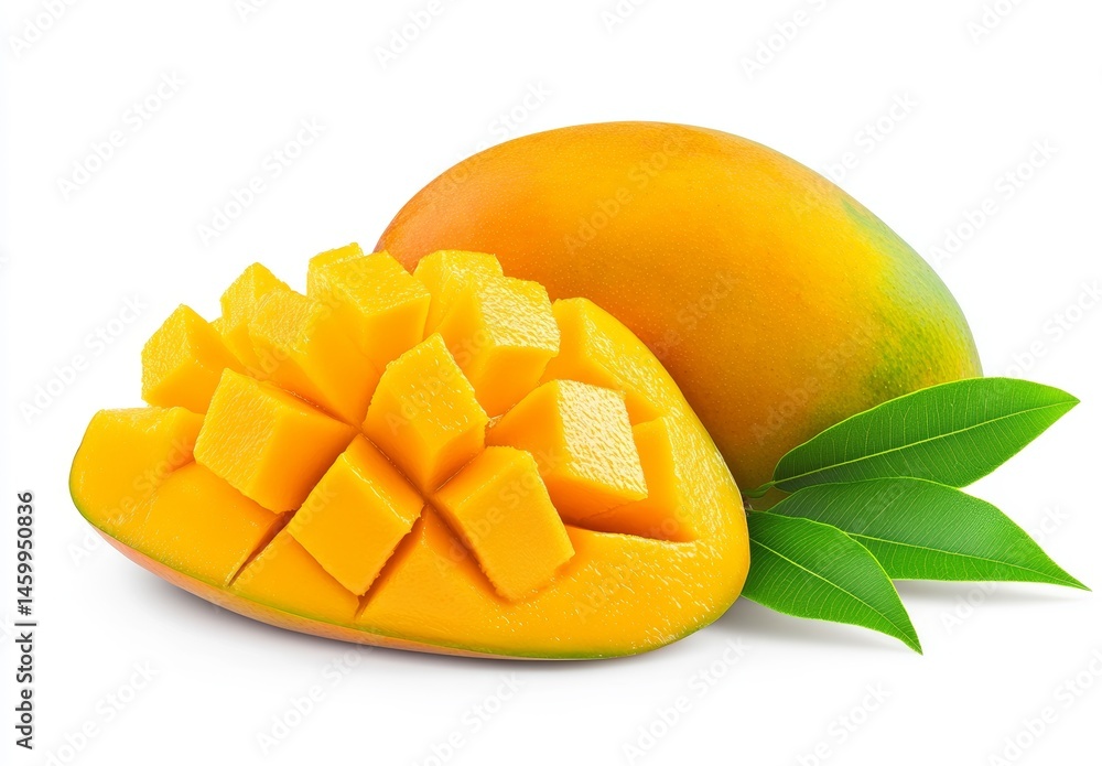 High resolution detailed photograph of a fresh halved juicy mango isolated on a pristine white background High resolution detailed photograph of a fresh halved juicy mango isolated on a pristine white background