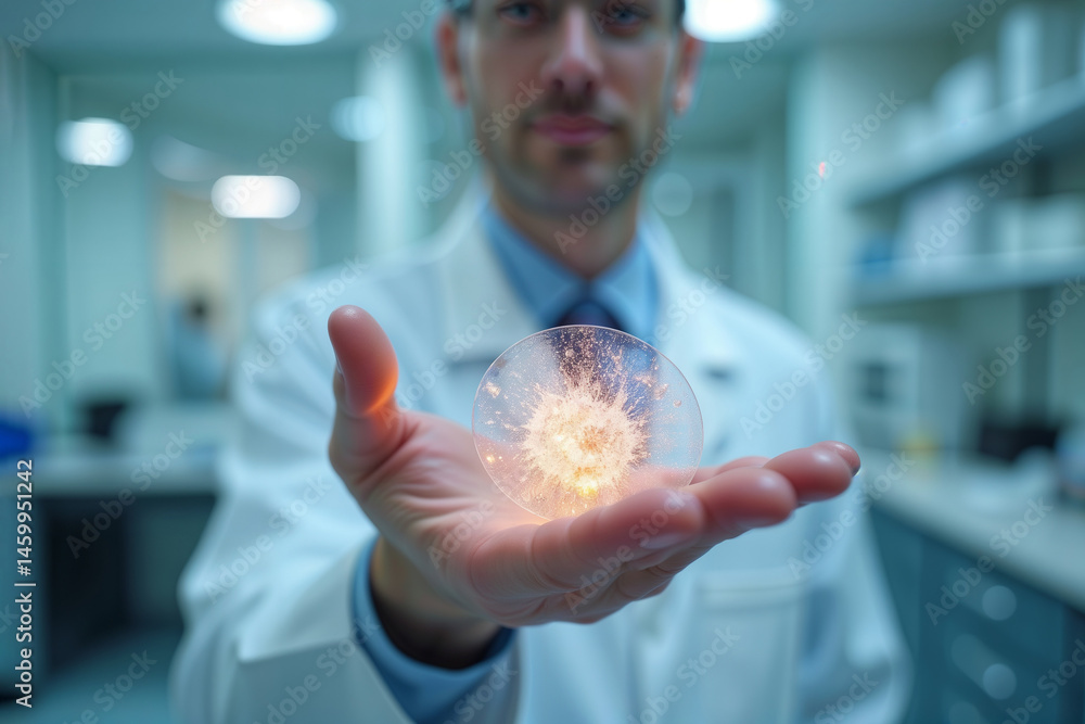Scientist holding discovery. Male researcher in a lab coat presents a glowing petri dish representing innovation or a scientific breakthrough.