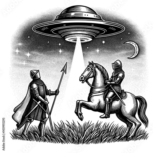 Medieval knights confronting UFO under starry night sky  