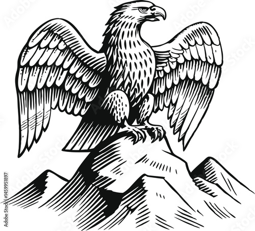 Highly detailed engraving of an eagle with wings spread, perched on a rock with mountain background in dramatic vintage fine line style

