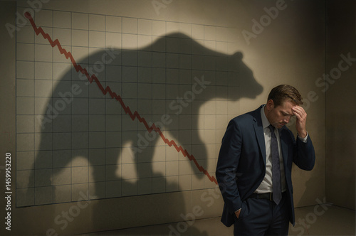 Stressed Trader with Bear Market Shadow and Declining Chart Background