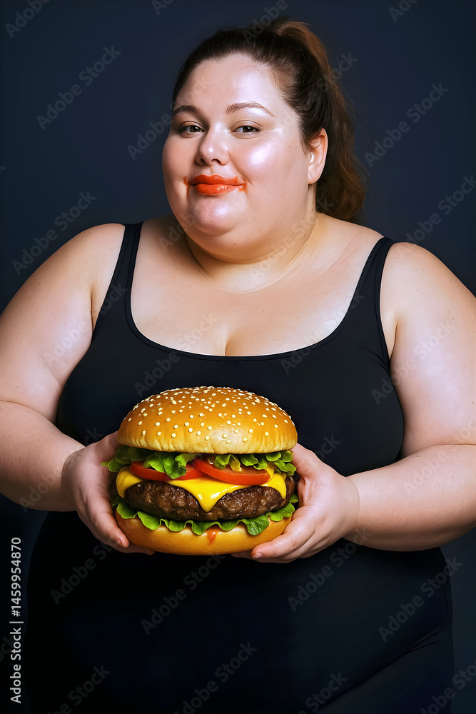 Happy plus size female model Holding Giant Cheeseburger with Ketchup Mess on Face – Fun Food Portrait
