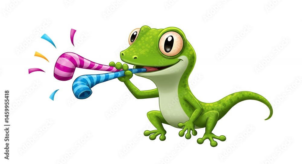 Naklejka premium Cartoon gecko blowing party horns on white background