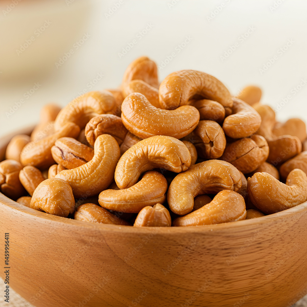 Fototapeta premium A close up shot of a wooden bowl filled to the brim with roasted and salted cashew nuts snack