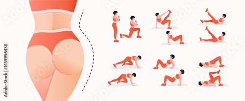 Advanced Level - Glute Exercises Set. Buttocks workout vector Set. Women doing fitness exercises.