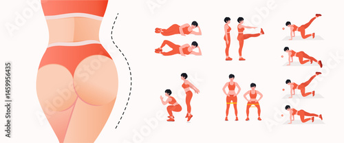 Advanced Level - Glute Exercises Set. Buttocks workout vector Set. Women doing fitness exercises.
