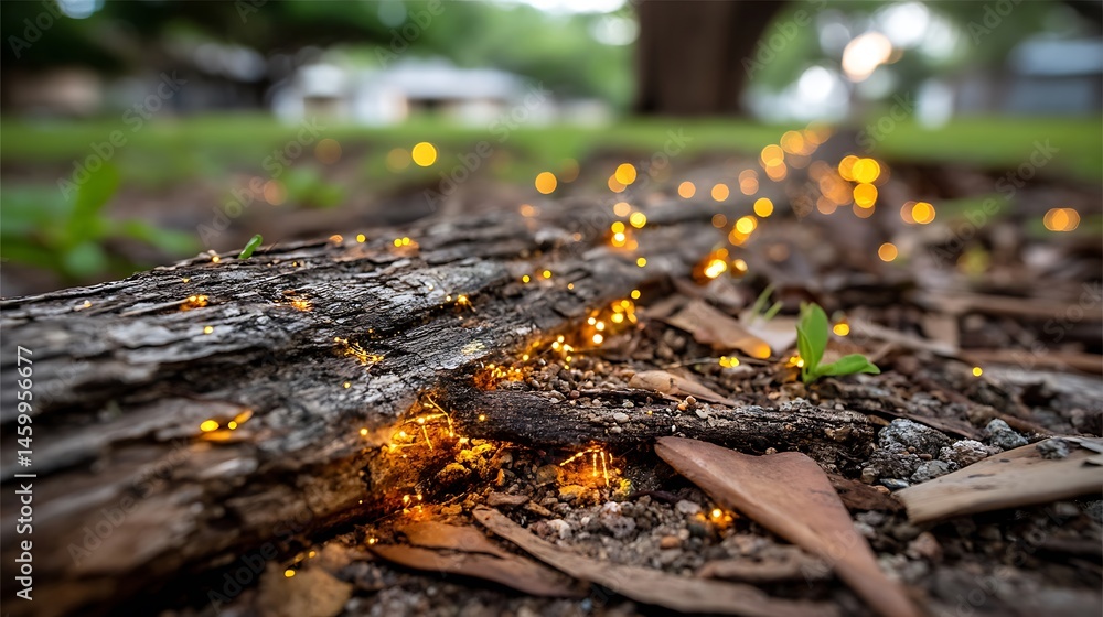A log on dirt with small yellow lights. A log on dirt with small yellow lights.