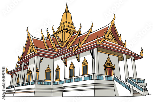 32 Thai temple, ornate architecture, golden spires, tiered roofs, white walls, blue railings, symmetrical design, intricate details, Buddhist sanctuary, traditional Southeast Asian style, watercolor i