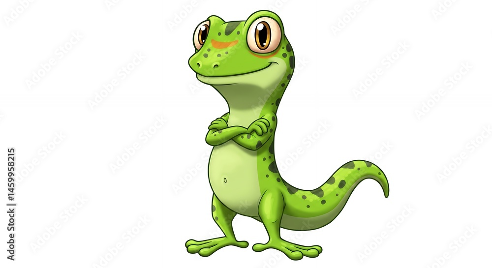 Naklejka premium Cartoon illustration of a friendly green gecko with a smiling expression and large eyes isolated on white