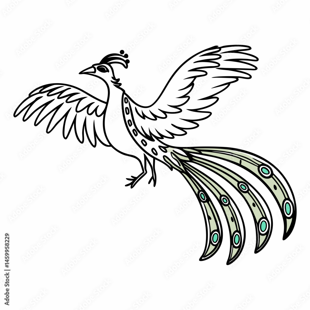 Fototapeta premium Flying peacock full body image on white background, showcasing vibrant feathers in mid-flight.