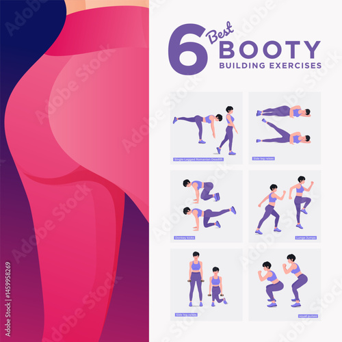 Advanced Level - Glute Exercises Set. Buttocks workout vector Set. Women doing fitness exercises.