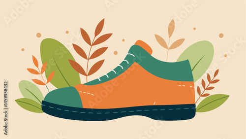 Sustainable Footwear A pair of stylish shoes made from natural materials with a soft background of rustic textures and plants appearing as if they are growing from the soles.