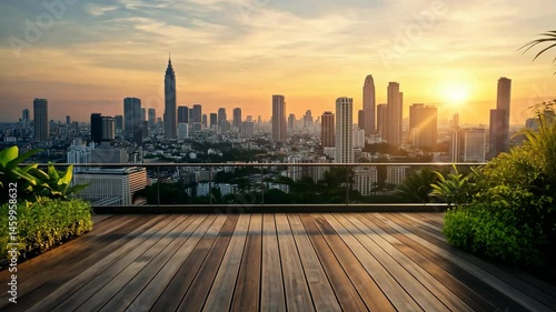 Serene Cityscape View from Rooftop Garden at Sunset, Thailand, Panoramic View