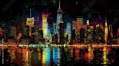 Colorful cityscape at night, with vibrant reflections.