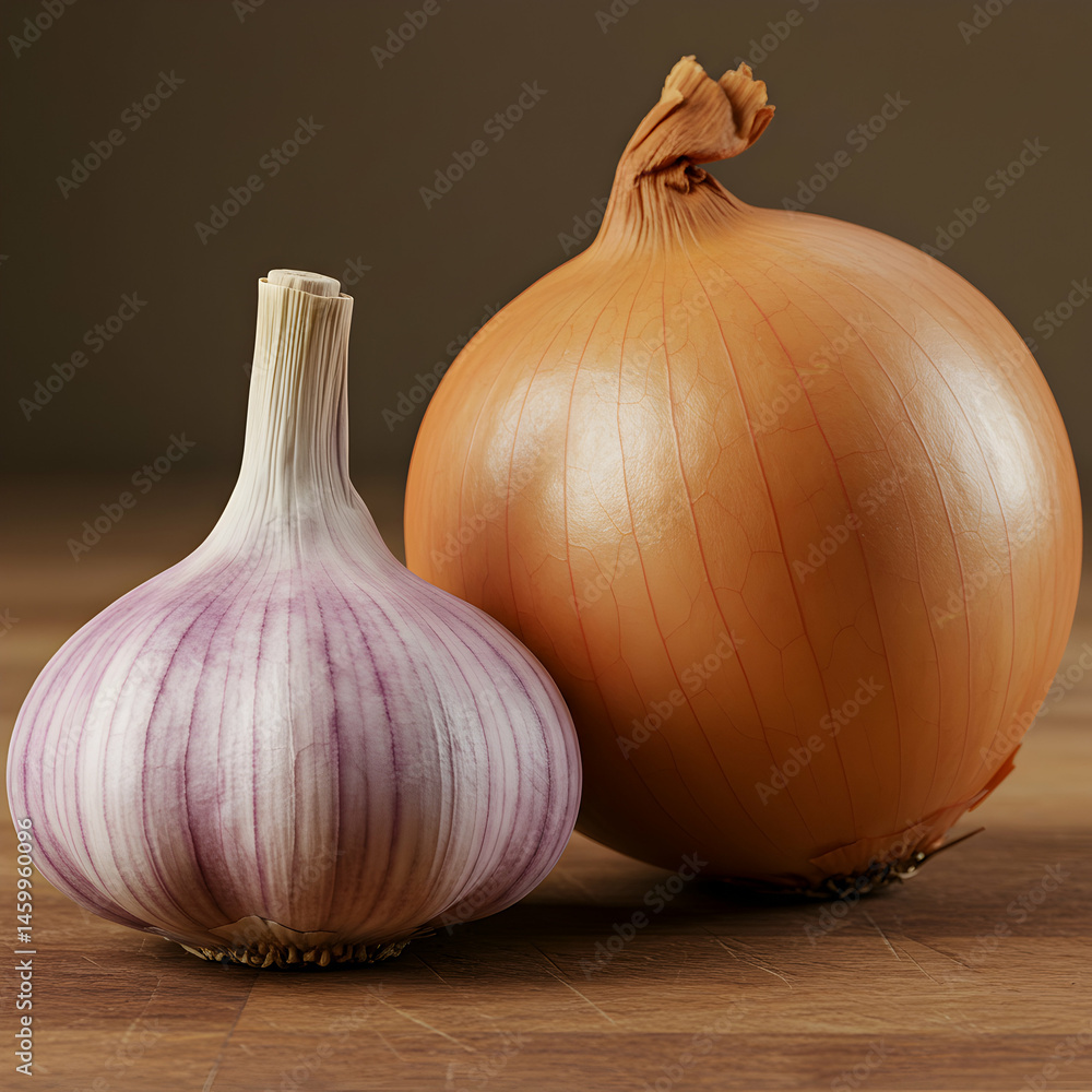 Obraz premium Close up of a garlic bulb and a yellow onion sitting on a wooden surface in a studio setting