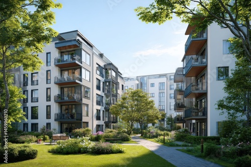 Modern apartment buildings with balconies, surrounded by lush greenery.