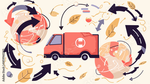 Global Delivery Concept: A stylized illustration depicting a delivery truck traversing a globe with arrows symbolizing global delivery and logistics.