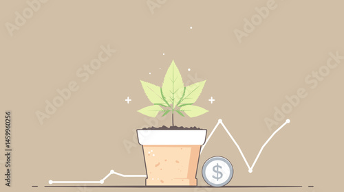 Growth in Business: An elegant illustration depicting a plant thriving in a pot, symbolizing growth and financial success, underscored by a rising graph.