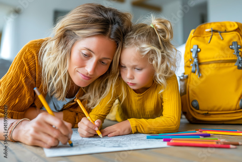Mother and child drawing together on floor