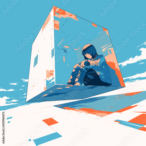 Solitude and Contemplation: A solitary figure finds solace within a minimalist cube, reflecting on a boundless expanse, embodying introspection and self-discovery. 