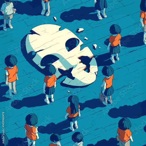 Children and Broken mask: A surreal composition depicts children gathered around a broken mask. Symbolic representation of lost innocence, shattered illusions.