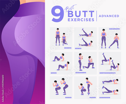 Advanced Level - Glute Exercises Set. Buttocks workout vector Set. Women doing fitness exercises.
