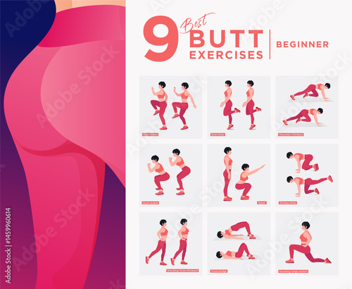Advanced Level - Glute Exercises Set. Buttocks workout vector Set. Women doing fitness exercises.