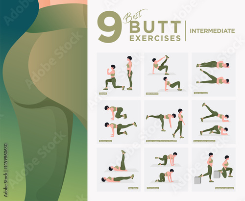Advanced Level - Glute Exercises Set. Buttocks workout vector Set. Women doing fitness exercises.
