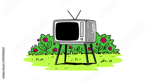 Vintage TV: A vintage television set stands gracefully amidst a blossoming garden, a quaint throwback to simpler times. 