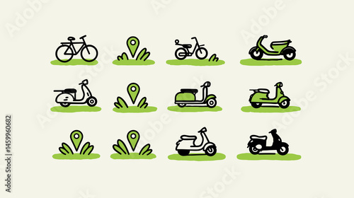 Transportation and Location Icons: A set of vector illustrations depicts various modes of transport, including bicycles, motorcycles, and scooters, complemented by location markers.