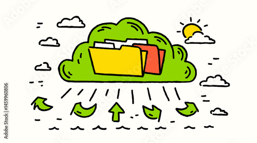 Cloud Data Illustration: A colorful digital illustration of cloud storage, highlighting data synchronization and secure information transfer with folders, arrows, sun and clouds.