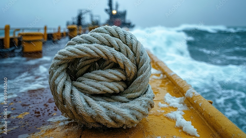 Fototapeta premium Frozen rope knot on a ship deck in rough seas