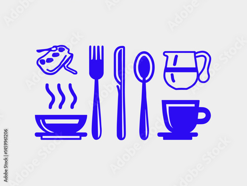 Culinary Essence: A collection of classic dining implements, showcasing a symphony of culinary elements, including a cup, fork, knife, spoon, with a hot dish, pitcher and towel.