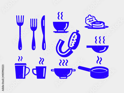 Culinary Illustration: A collection of stylish icons representing various food and kitchen essentials in a minimalist design, showcasing forks, a knife, bowls, pancakes, sausage, a pan, mugs.