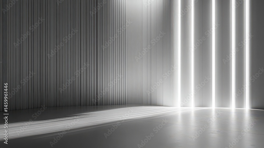 Monochromatic room with vertical lines and bright light streaming from the right Monochromatic room with vertical lines and bright light streaming from the right