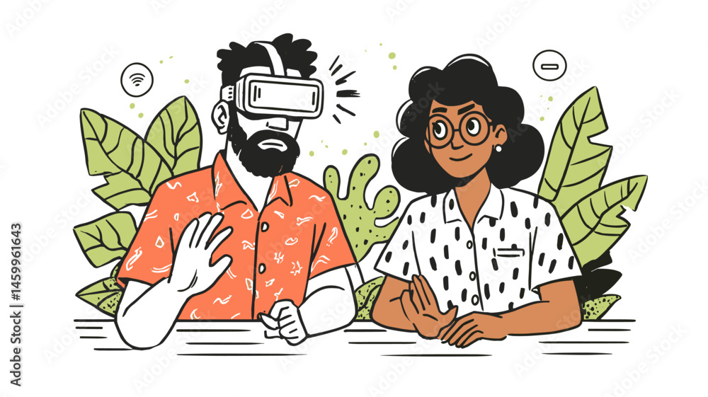 Fototapeta premium Immersive Experience: A man and woman with virtual reality headsets engage in an augmented environment. Explore the future of interaction.