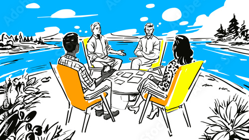 Brainstorming by the water: A group of colleagues collaborate around a table outdoors, in a vibrant, digitally rendered illustration of teamwork, surrounded by the serene beauty of nature.