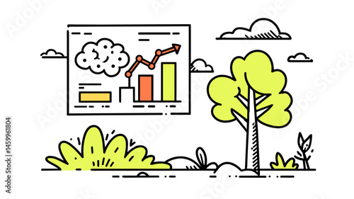 Business Growth in Nature's Embrace: A visual metaphor of financial success, represented by a rising graph and chart, nestled beside a tree in a scenic landscape, signifying growth and prosperity.