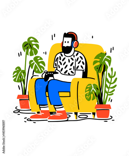 Gamer in Relaxation: A relaxed individual sits on a comfortable sofa, engrossed in a video game. Surround him with lush houseplants, creating a serene and inviting atmosphere.