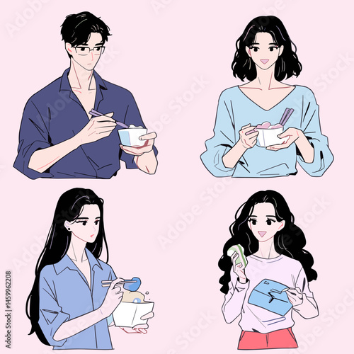Couple Enjoying Meal: An illustration featuring four delightful character illustrations depicting a stylish couple enjoying a meal together, showcasing various expressions and poses.  