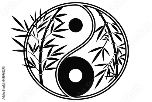 35 Black and white icon, circular design, stylized bamboo plant, geometric shapes, bold lines, symmetrical composition, Asian-inspired artwork, minimalist aesthetic, graphic silhouette, contrasting el