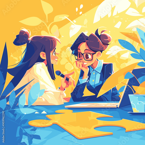 Conversation with microphone: A dynamic illustration of two animated professional women engrossed in a lively and engaging dialogue during a podcast-like interview.
